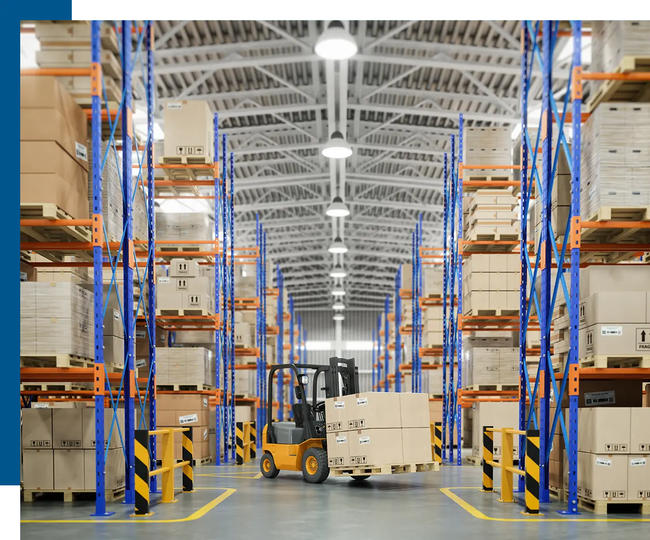 A warehouse with many racks and a forklift.